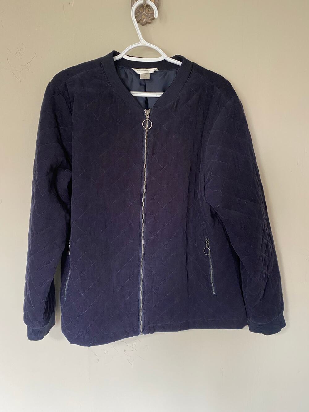 Christopher & Banks Navy Diamond Quilted 100% Cotton Lighweight Bomber Jacket XL